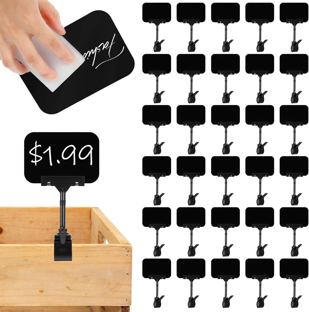 30 Pack Mini Chalkboard Signs with Clip, Clip On Sign Holder for Display, Double Head Rotating Price Signs for Vendors, Black Plastic Sign Clips for Retail Store Shelf (5.7x3.9 Inch)