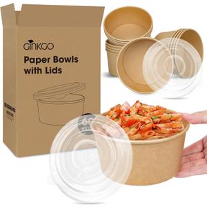 Ginkgo 60 Count 30 oz Disposable Paper Bowls with Lids, Leak Proof Large Hot Soup Bowls Bulk Containers, Large Paper Bowls for Ice Cream, Hot Soup, Salad, Dessert, Cereals