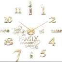 Junkin 3D Large Frameless DIY Wall Clock Modern Decor Family Quote Wall Stickers Clock Kit for Home Living Room Bedroom Office Decorations Adjustable Size(Gold)