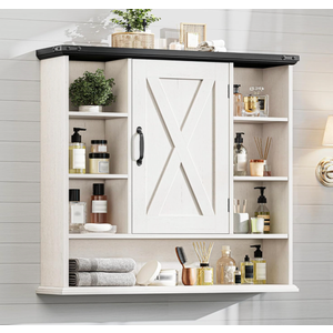 Bathroom Wall Cabinet, Farmhouse Medicine Cabinet with Adjustable Shelves and Barn Doors, Large Wall Mounted Over the Toilet Storage Cabinet for Bathroom, Laundry Room, Kitchen, Rustic White and Black