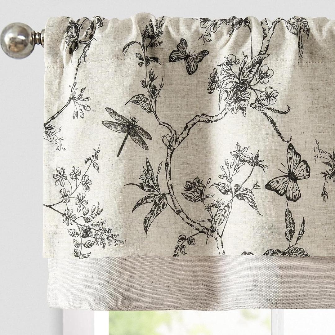 jinchan Floral Curtain Valance for Windows 16 Inch Linen Valance for Kitchen Living Room Rustic Cottage Farmhouse Flower Butterfly Curtain Rod Pocket 1 Panel Double Layer Blackout Black on Beige