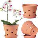 6 Inch Terracotta Orchid Pots with Holes, Saucers - 3 Pack Clay Orchid Planter Pots for Repotting, Small Terra Cotta Pot, Indoor & Outdoor, Promotes Air Circulation