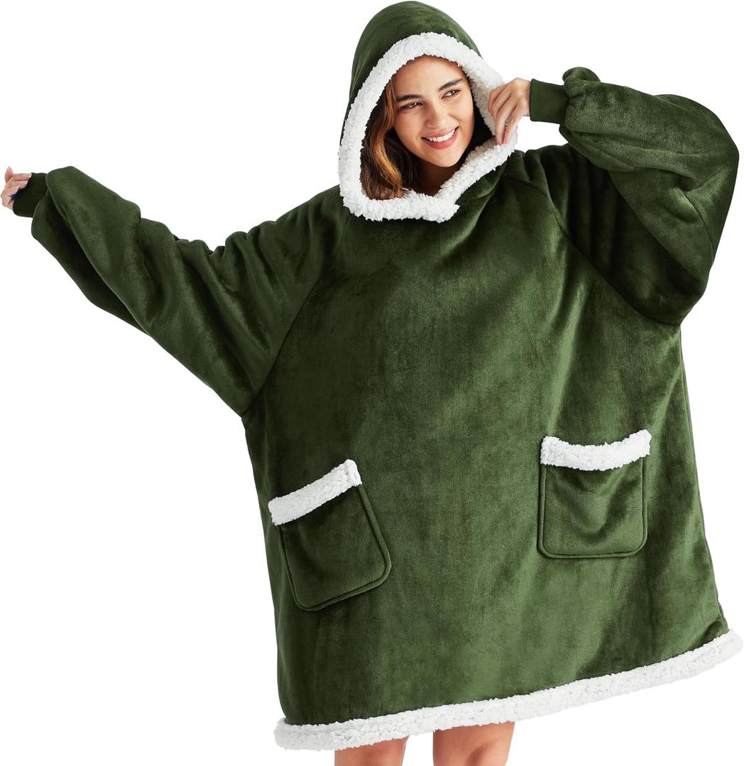 Bedsure Blanket Hoodie, Wearable Blanket for Adults & Kids as Gifts for Women Men, Birthday Gifts for Women Mom Girl Sherpa Oversized Hoodie, Olive Green, Standard