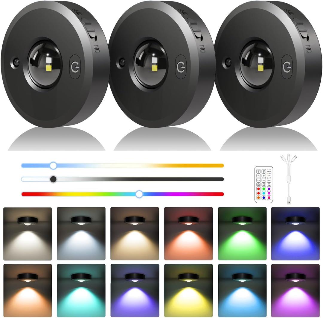 3 Pack Rechargeable Puck Lights - LED Puck Lights with Remote Control, Dimmable, 12 Colors & 2 Dynamic, 1000mAh Battery Operated, Timer - Magnetic Stick on Light, Ideal for Kitchen, Cabinets, Closet