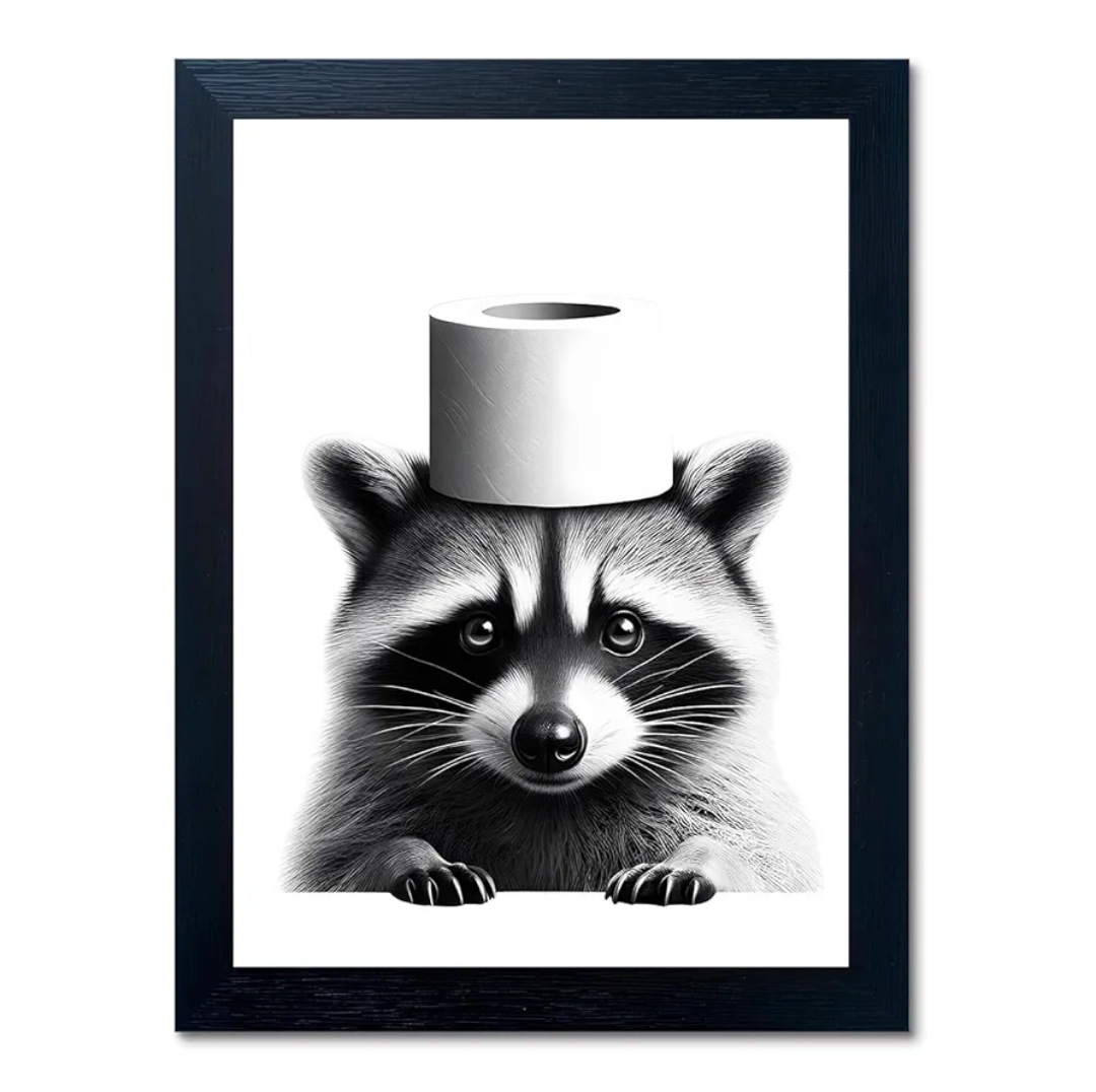Funny Bathroom Decor Wall Art, Cute Raccoon Toilet Paper Roll Canvas Wall Decor, Humor Farmhouse Animal Wall Art, Black and White Wall Art Decor, Modern Black Frame Canvas Prints Ready to Hang 16"x20"