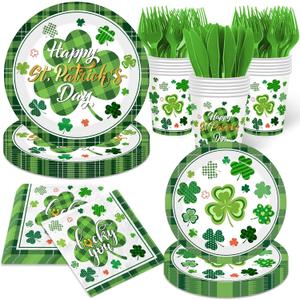 144Pcs St. Patrick's Day Plates and Napkins Green Plaid Lucky Shamrock Disposable Paper Tableware Set for Irish Birthday St Patrick's Day Decorations Serve 24 Guests