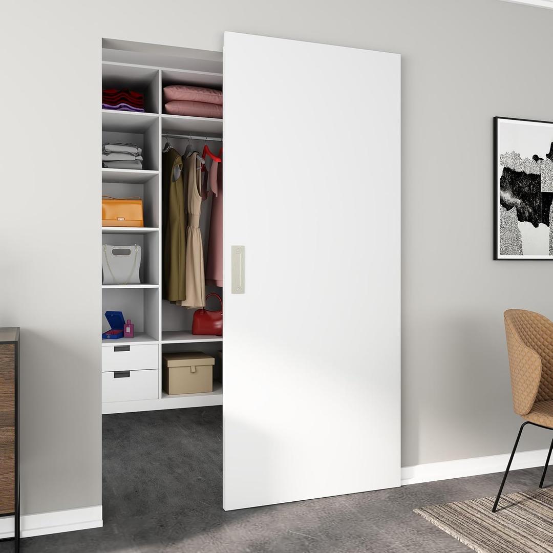 JUBEST 36"x84" Flush Solid Core White Primed Concealed Sliding Hidden Barn Door with Soft Close Installation Hardware and Double Sided Pulls Included