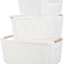 3 Pcs Plastic Metal Mesh Baskets with Wood Handle, Plastic Wire Baskets for Pantry, White Wire Countertop Basket, Cabinet Pantry Closet Bedroom Kitchen(3 Size)