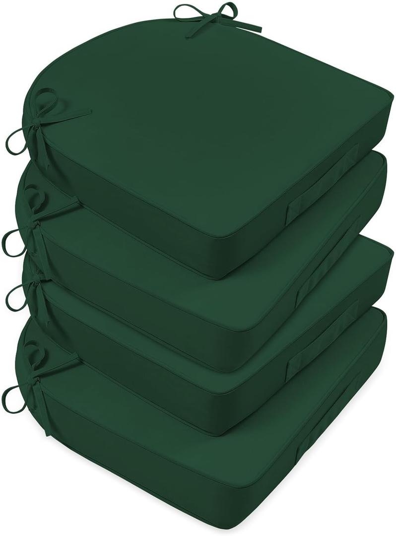 Beyond Patio Chair Cushions, 4pc Memory Foam Furniture Cushion, Forest Green, 19x19x3 Round Corner, Waterproof Outdoor Seat Cushions with Handle and Attached Straps