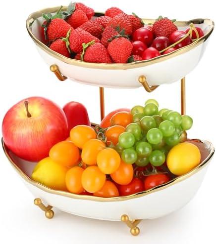 Honeydak 2 Tier Ceramic Fruit Bowl for Kitchen Counter Tiered Fruit Stands for Kitchen Counter Ceramic Serving Display Bowls with Metal Stand for Dessert Snack Vegetable Storage, Party, Cute & Small