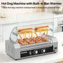Seeutek Hot Dog Roller 5 Rollers 18 Hot Dogs Capacity 1100W Stainless Hot Dog Toaster, Hot Dog Machine W/Dual Temperature Control Glass Hood Acrylic Cover Warmer Shelf Removable Oil Drip Tray