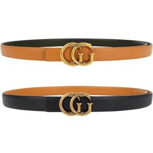 Women Reversible Leather Belt with Fashion G Gold Buckle for Dresses, Jeans, and Coats,width 0.9" (Black)