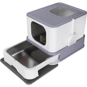 RIZZARI Stainless Steel Cat Box: Enclosed Design with High Walls - Light Gray - Teflon Non-Stick Coating - Large Anti Leakage Litter Pan for Odor Control for Living Room Garage