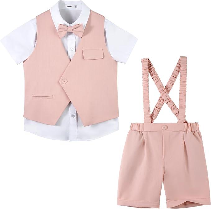 LOLANTA Boy Dress Short with Vest Adjustable Suspenders Cotton Shirt Summer Outfits Boys Tuxedo Suit Set (Pink, 4-5 Yrs)