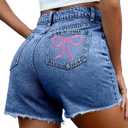 Pink Queen Women's High Waisted Denim Shorts 2026 Casual Star/Bow Frayed Hem Summer Hot Short Jeans with Pockets, M