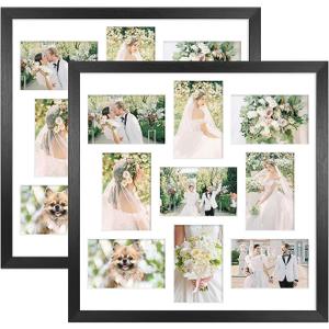 17x17 Collage Frame with 9 Openings 4X6 Pictures, Multiple Picture Frame with Mat, Wall or Tabletop Decor, Black Wood Grain,2 Pack