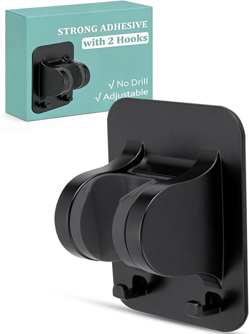 No-Drill Shower Head Holder with 2 Hooks, Matte Black | Adhesive Mount for Smooth Tile Glass Metal, Adjustable Angle, Bathroom RV Garage, Tool-Free Install