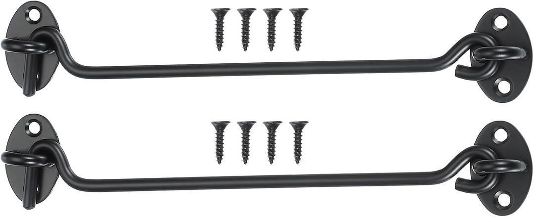 MECCANIXITY 8 Inch Hook and Eye Latch for Doors, Stainless Steel Barn Door Lock Gate Latch Cabinet Hook Latch & Eye with Mounting Screws for Slide Barn Shed Wooden Fences, Black 2 Set