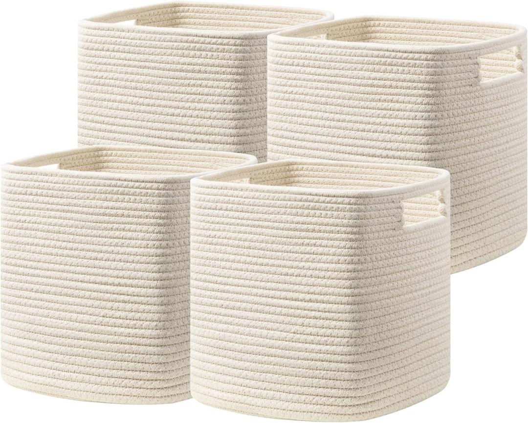 UBBCARE Set of 4 Storage Cubes-13 X 13 X 13 In, Cotton Rope Basket for Shelves, Toys, Book, Cube Storage Bin with Handles, Woven Storage Basket for Organizing, Beige
