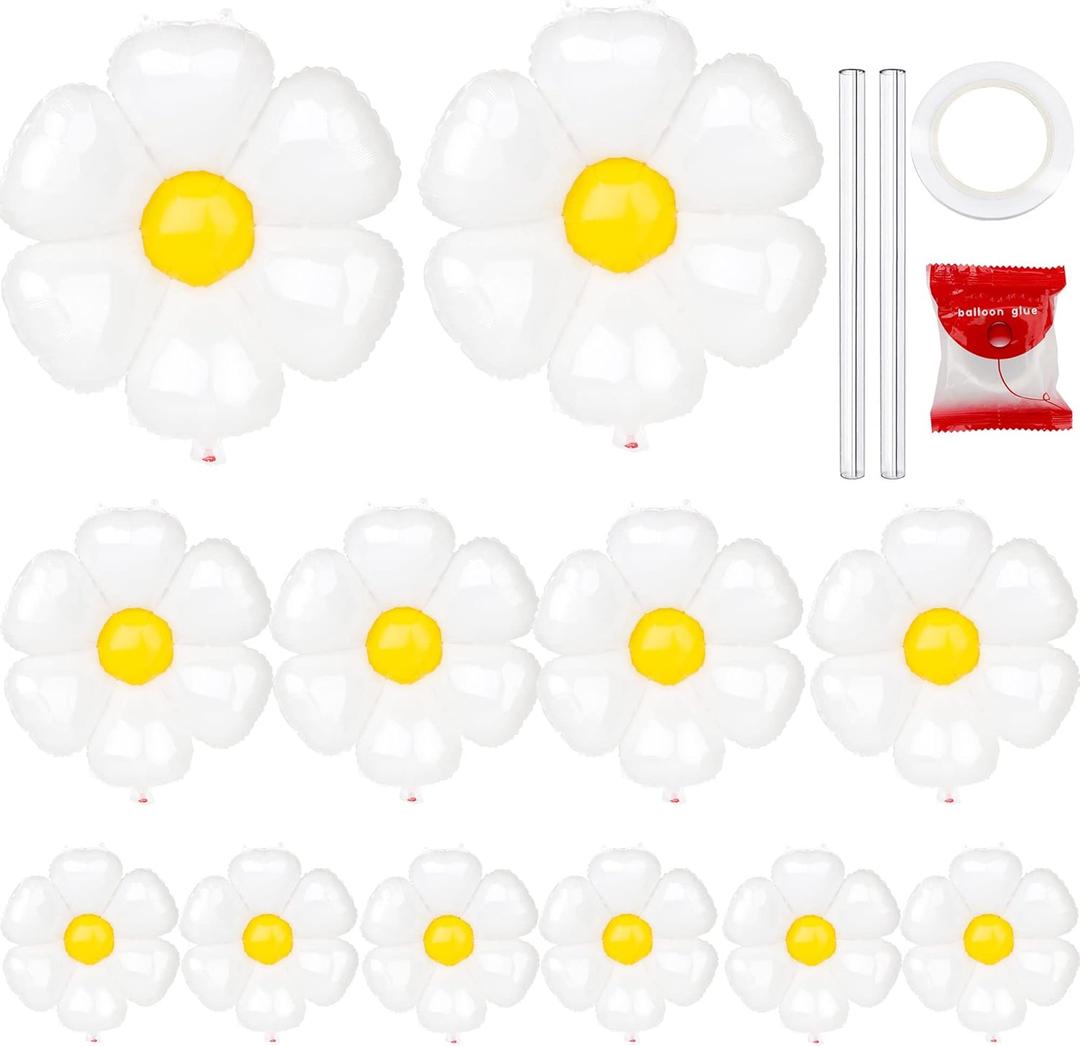 12 PCS Daisy Balloons Daisy Party Decorations Jansburg Foil Mylar Balloons Boho White Flower Balloon Garland Kit for Birthday Party Wedding Garland Dcor 3 Mixed Sizes L/M/S
