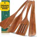 AIUHI Premium Teak Wood Spatula Set, 4-Piece Non-Stick Cooking Utensils for Kitchen, Includes Paddle, Turner, Slotted Spatula & Wood Scraper  Durable & Easy to Clean