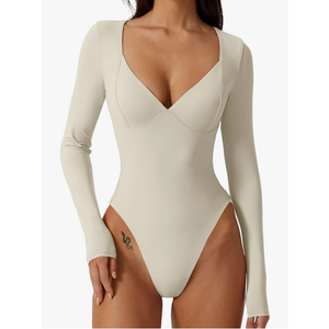 QINSEN Women's Long Sleeve Bodysuit V Neck Body Suits Seamed Cup Going Out Tops Shirt XS