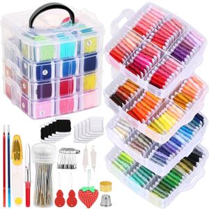 PAXCOO 276 Pack Embroidery Floss Thread Kit Including 210 Colors Cross Stitch Sewing Thread with 66 Pcs Embroidery Accessories and 4-Tier Transparent Embroidery Thread Storage Organizer Box