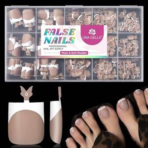 UNA GELLA 6 IN 1 X-Soft Toe Nail Press Ons 15 Sizes, French Brown Soft Gel Toe Press Ons Big Wide Matte Square Toe Nail Tips Fake Acrylic Toe Nails Press On Toenails for Women Nail Extensions 330Pcs