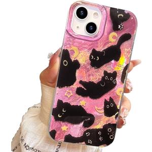 Compact Case for iPhone 15 Black cat-Pink Design,Cute Trendy Soft Slim TPU Shockproof Protective Bumper Phone Cases Cover for Women Girls Aesthetic Glitter Shiny Adorable