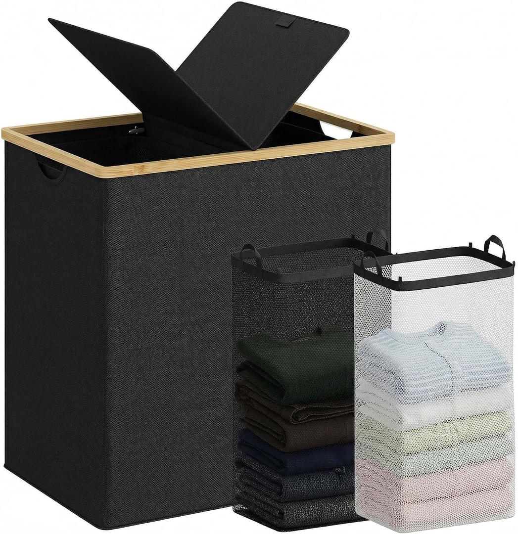 efluky Laundry Hamper with Lid, Double Laundry Hamper with 2 Removable Bags, 2 Section Laundry Basket with Bamboo Handles for Bathroom, Bedroom & Laundry Room, 140L (36.9 Gallon) Black