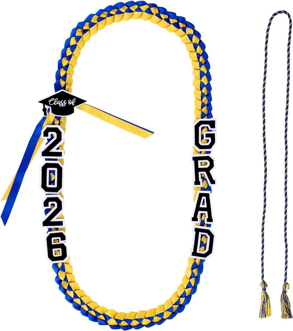 2026 Graduation Lei with Honor Cord, Double Braided Ribbon Money Leis Set for Class of 2026 Men Women High School College Grad Necklace Gift Accessories (Blue Yellow)