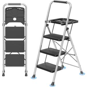 3 Step Ladder, Folding Step Stool with Tool Platform, Wide Anti-Slip Pedal and Anti-Slip Feet, Sturdiest Steel Construction, 600lbs Capacity Steel Ladder for Home Office, Grey (Gray)