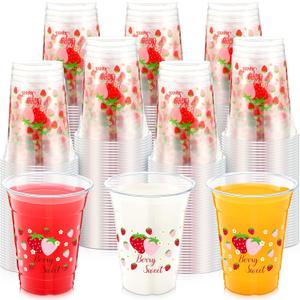 100 Pcs 12 oz Strawberry Disposable Plastic Cups Strawberry Flower Clear Plastic Cups Pink Red Party Favors for Birthday Baby Shower Summer Fruit Party