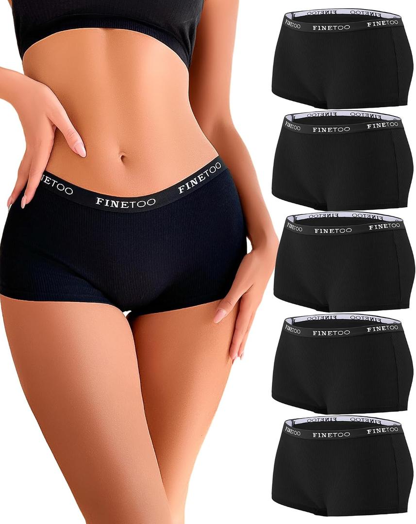 FINETOO Boyshort Underwear for Women Cotton Boxer Briefs Full Coverage Ladies BoyShorts Panties 5 Pack (Black, M)