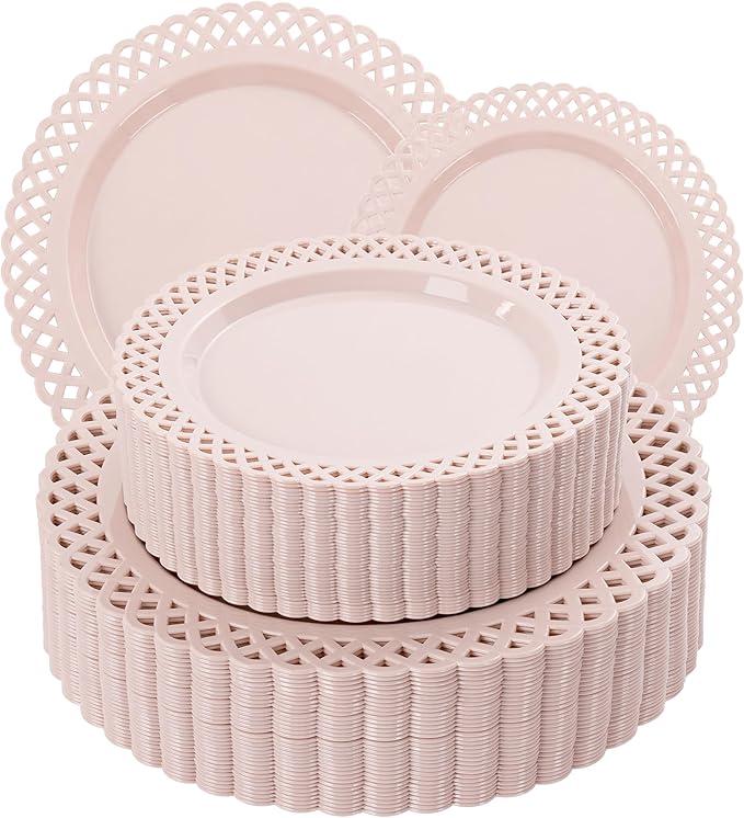COLOSUS 60Pcs Pink Plastic Plates, Plastic Disposable Plates, Fancy Pink Scallop plates, Heavy Duty Lace Plate Set include 30 Dinner Plate 10” and 30 Salad/Dessert Plate 7.5”for Easter Day