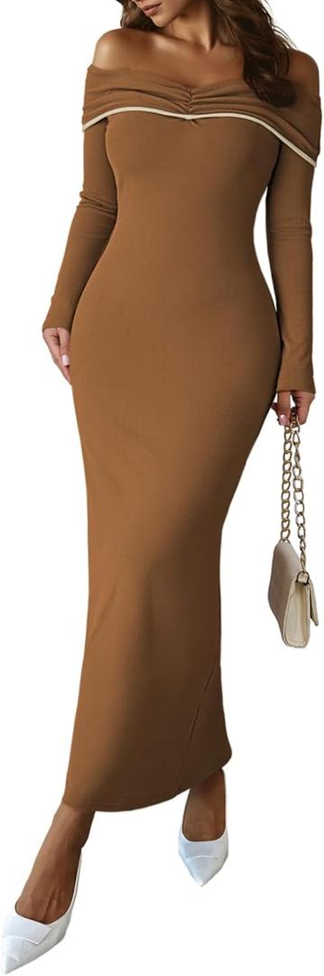 HUUSA Off The Shoulder Dress for Women 2025 Long Sleeve Bodycon Sexy Party Maxi Color Block Dresses (Large, Brown)