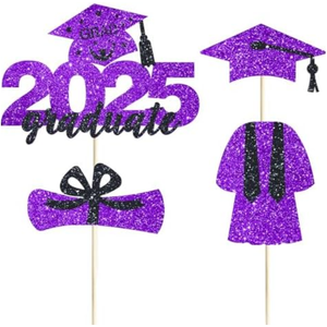 4 Pcs 2025 Graduate Cake Topper Purple Glitter Congrats Grad Cake Topper Class of 2025 Cake Decor for 2025 Senior High School/College/University Happy 2025 Graduation Party Supplies Decorations, 4pack