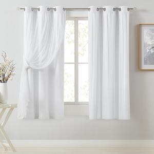 Bujasso White Full Blackout Curtain Panels with Sheer Overlay Mix and Match Double Layer Thermal Insulated Window Treatment Set for Living Room White Drapes with Tiebacks Grommet Top 37" Wx63 Lx2