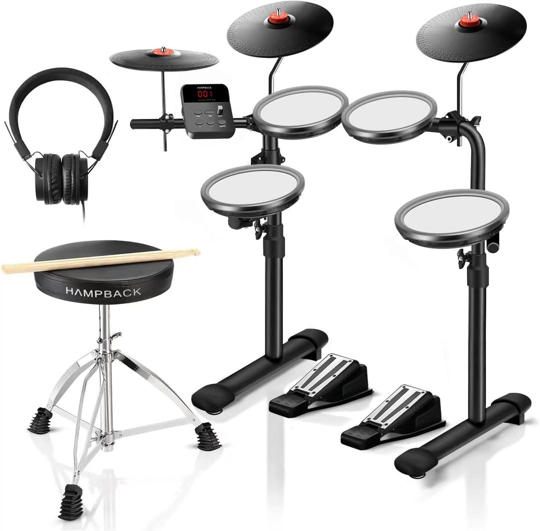 HAMPBACK MK-0 Electric Drum Set with 7'' Quiet Mesh Drum Pads, 8'' Full Rubber Cymbals, 12 Kits and 68 Authentic Sounds, USB MIDI, Throne, Sticks, Headphone, 2 Switch Pedals for Beginners & Kids