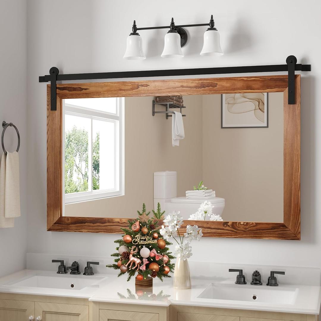 COGOOD Farmhouse Barn Door Mirror - 41" x 26" Rustic Wood Framed Wall Mirror for Bathroom, Living Room, Bedroom Wall Decor (Brown) (26"L x 41"W, Brown)