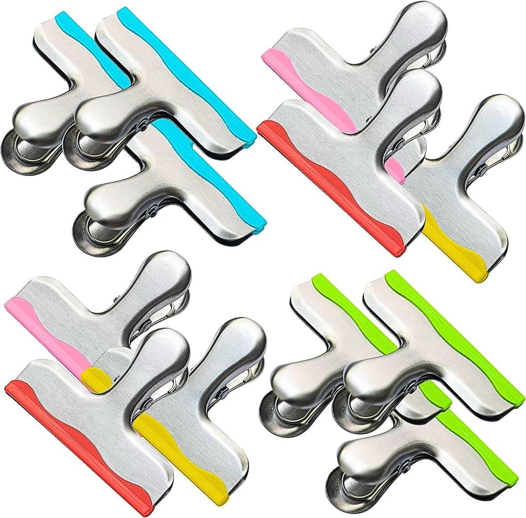 12 Pack Metal Chip Clips with Silicone Edges  Heavy Duty Bag Clips for Food Packages, Kitchen, Office  Color Coded, Air Tight Extra Strong Clamps, 3 Inches Wide (12)
