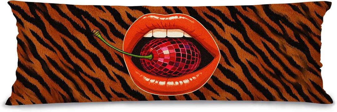 Trendy Disco Cherry Tiger Print 20x54 Body Pillow Cover with Zipper, Coquette Room Decor, Funky Y2k Disco Ball Cherry Lip Long Body Pillow Pillowcase for Couch Bed, Double-Sided