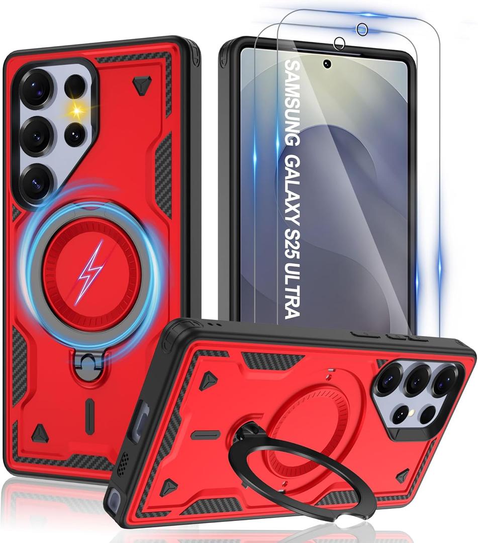 Gritup for Samsung Galaxy-S25 Ultra Case with Magsafe & [HD Screen Protector2], 360Metal Rotated Kickstand,Military Grade Shockproof Protective for Galaxy S25 Ultra Case,Red