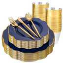 bUCLA 180PCS Blue Plastic Plates - Navy Blue and Gold Rim Disposable Include 30 Each (Dinner & Dessert) Plates, 30 Knives, 30 Forks, 30 Spoons and 30 Cups, Ideal for Party, Gathering and Hanukkah