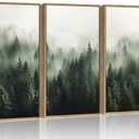 SHENIFY Green Fog Pine Tree Forest Canvas Wall Art Large 16x24in Framed Nature Modern Artwork Prints Decor - Natural Framed