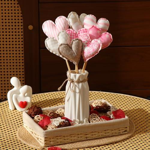 Thyle 8 Pcs Valentine's Day Heart Flower Picks Stuffed Fabric Heart on Sticks Plush Valentines Floral Picks for Flower Arrangement Centerpiece Vase Filler Wedding Table Decor(Pink Style)