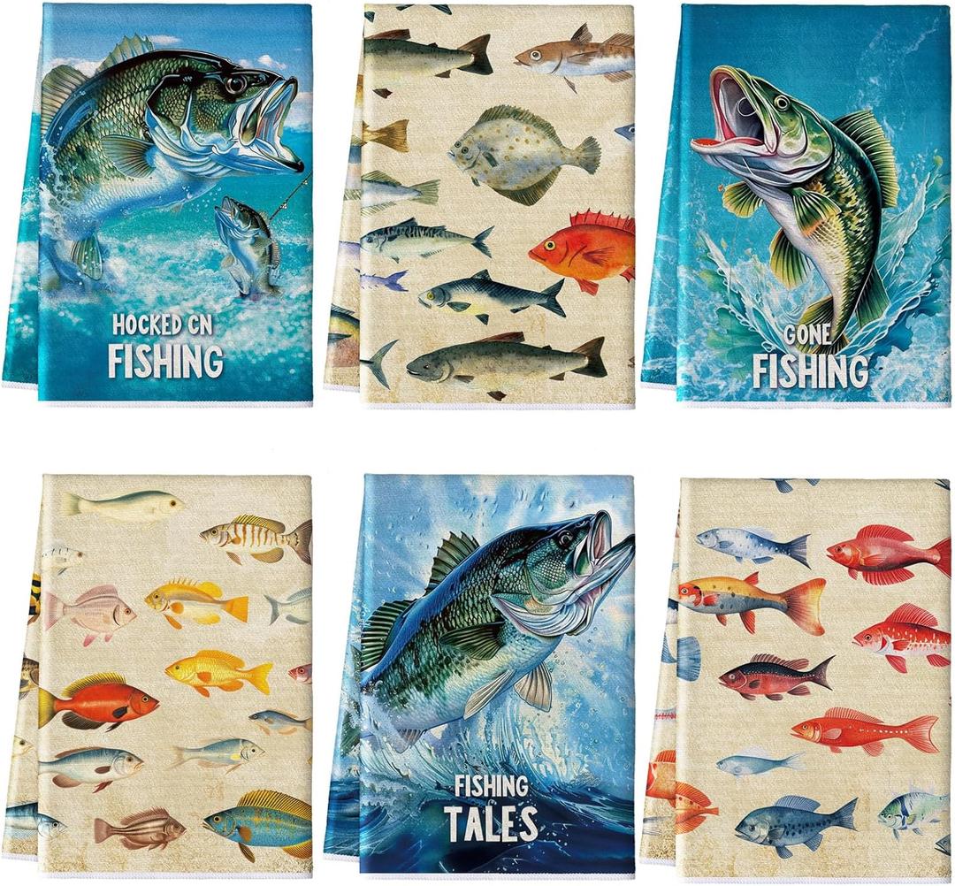 Mixweer 6 Pcs Summer Beach Kitchen Towels Nautical Coastal Hand Towel Fishing Ocean Animal Dish Cloths 16 x 24 Inch Sea Turtle Absorbent Tea Dishcloth for Home Bathroom Kitchen Decor(Colorful,Fishing)