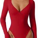 QINSEN Women's Long Sleeve Bodysuit V Neck Body Suits Seamed Cup Going Out Tops Shirt (Red) S