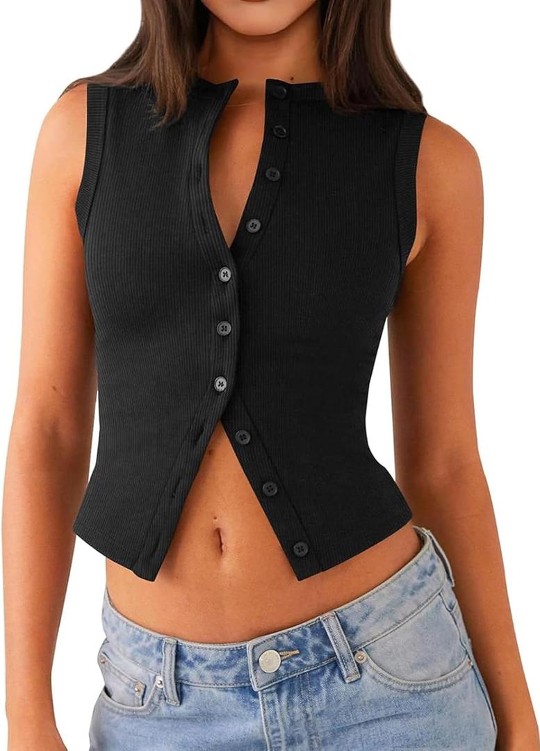 Womens Going Out Tops Summer Spring Ribbed Tank Sexy Crop Cute Y2K Button Down T Shirts Fashion Clothes 2025 (Medium, Black)