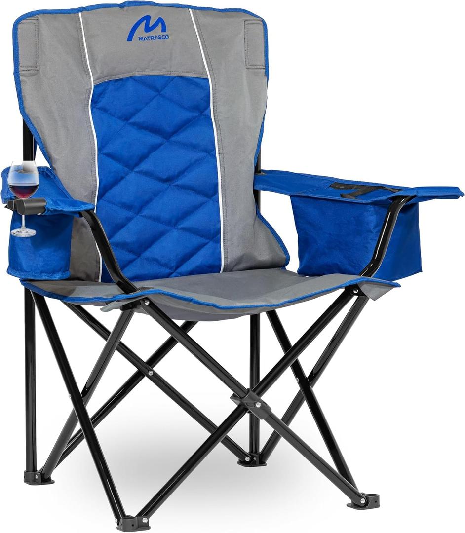 Oversized Padded Camping Chair, Heavy-Duty Steel Frame for 450 lbs Supports, Convenient 6-Can Cooler, Portable Carry Bag, Perfect for Outdoor, Beach, and Hiking (Gray & Sapphire Blue)